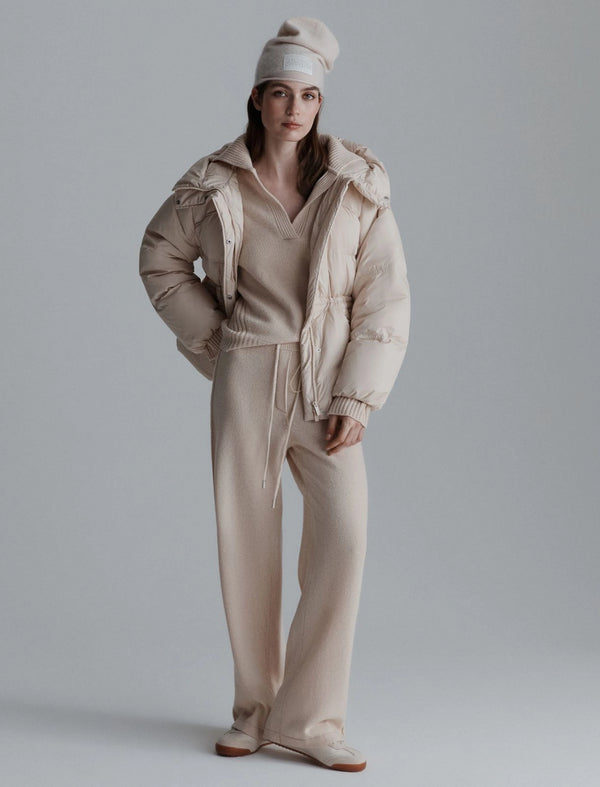 Puffer jacket with knit set for casual brunch